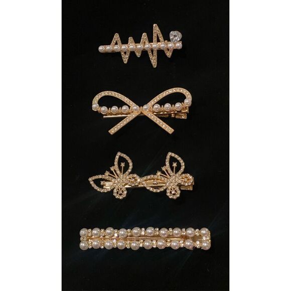 Hair Clips Set of 4 Pearls & Rhinestones Party Holidays - Picture 1 of 9